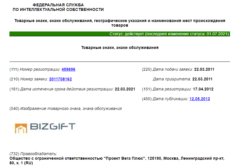 Регистрация торговой марки BIZGIFT™ 